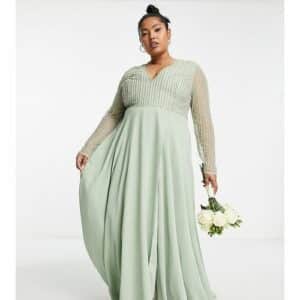 ASOS DESIGN Curve - Bridesmaids - Langes Brautjungfernkleid in Salbeigrün mit Wickelrock und Oberteil mit linearer Verzierung