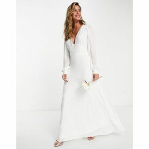 Vila - Brautmode - Brautkleid/Maxikleid in Weiß mit bezogenen Knöpfen