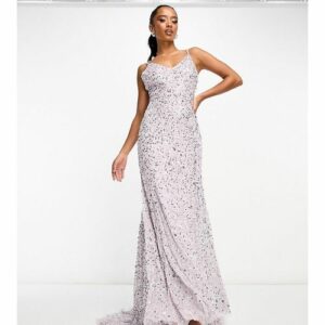 Beauut Petite - Bridesmaid - Durchgehend verziertes Maxi-Brautjungfernkleid in gedecktem Lavendel mit schmalen Trägern und Schleppe-Lila