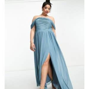 Little Mistress Plus - Bridesmaids - Gerafftes Maxi-Brautjungfernkleid aus blauem Netzstoff mit Carmen-Ausschnitt