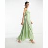 ASOS DESIGN - Bridesmaid - Maxi-Brautjungfernkleid aus salbeigrünem Satin mit gerafftem Oberteil und Bindedetail am Rücken