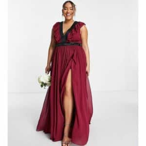 Anaya With Love Plus - Bridesmaid - Maxi-Brautjungfernkleid in Pflaumenrot mit Schlitz bis zum Oberschenkel - RED