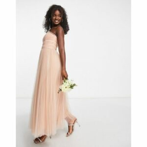 ASOS DESIGN - Bridesmaids - Maxi-Brautjungfernkleid aus altrosa Tüll mit Oberteil mit Tunnelzug