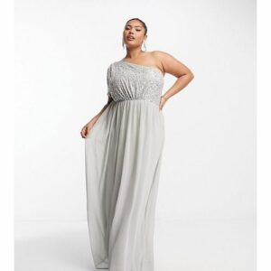 Beauut Plus - Bridesmaid - Maxi-Brautjungfernkleid in Grau mit verziertem Oberteil und One-Shoulder-Ärmel