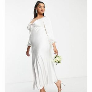 Forever New Curve - Bridal - Maxi-Brautkleid aus elfenbeinweißem Satin mit Zierausschnitt