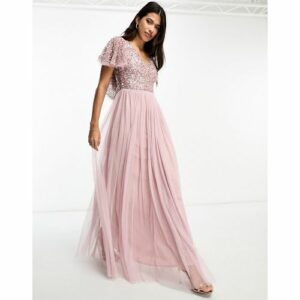 Beauut - Bridesmaid - Verziertes Maxi-Brautjungfernkleid in Zartrosa mit Flatterdetail