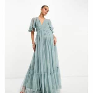 Beauut Maternity - Bridesmaid - Maxi-Brautjungfernkleid aus Tüll in Nebelgrün mit Flatterärmeln