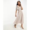 Little Mistress - Bridesmaids - Gerafftes Midi-Brautjungfernkleid aus nerzbraunem Netzstoff mit Carmen-Ausschnitt-Lila