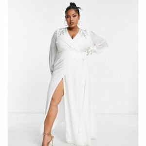 Hope & Ivy Plus - Bridal - Verziertes Maxi-Brautkleid in Elfenbein mit Wickeldesign-Weiß