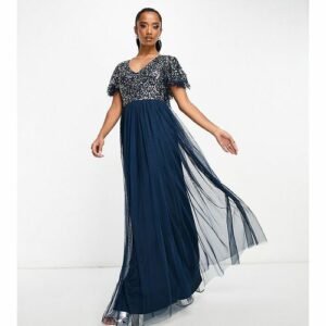 Beauut Petite - Bridesmaid - Verziertes Maxi-Brautjungfernkleid in Marineblau mit Flatterdetail