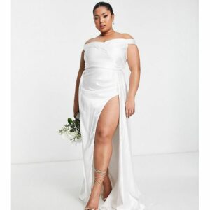 Yaura Plus - Bridal - Drapiertes Maxi-Brautkleid in Elfenbein mit Bardot-Ausschnitt-Weiß