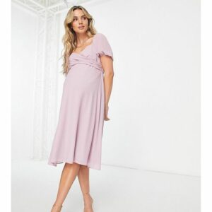 TFNC Maternity - Bridesmaid - Midi-Brautjungfernkleid in Rosa mit überkreuzter Vorderseite