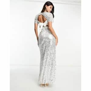 Beauut - Bridal - Verziertes Maxi-Brautkleid in Creme und Silber mit Rückenschleife-Weiß
