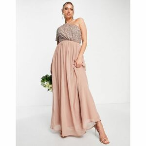 Beauut - Bridesmaid - Langes Brautjungfernkleid in Taupe mit verziertem Oberteil und One-Shoulder-Design-Neutral