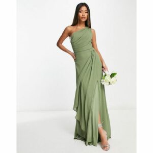 TFNC - Bridesmaid - Drapiertes Maxi-Brautjungfernkleid aus Chiffon in Salbeigrün mit One-Shoulder-Träger-Marineblau