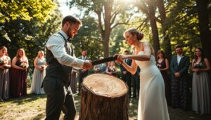 Baumstamm sägen zur Hochzeit
