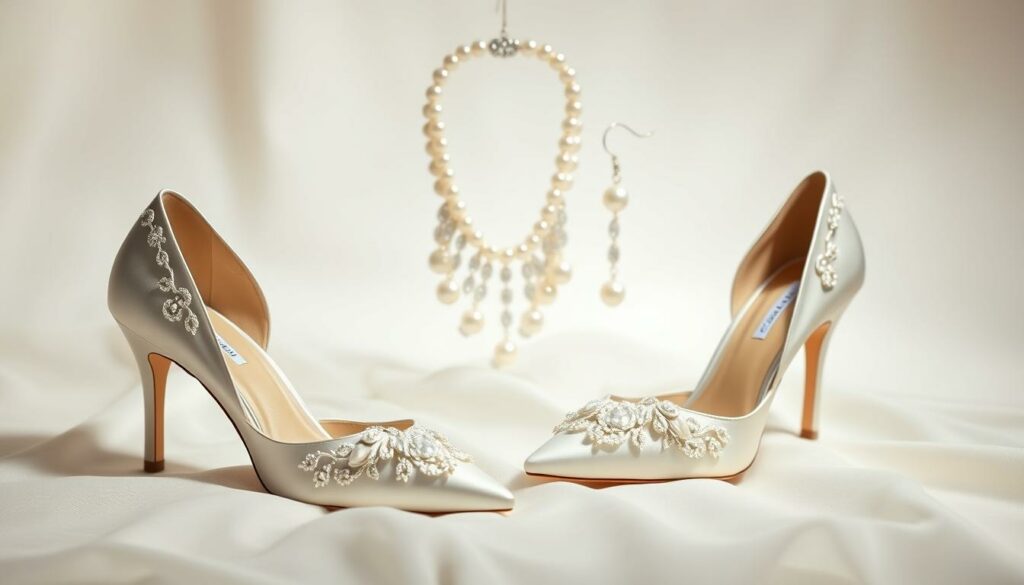Elegante Brautschuhe und Brautschmuck für große Größen